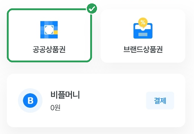 비플페이에서 공공상품권을 선택한 화면